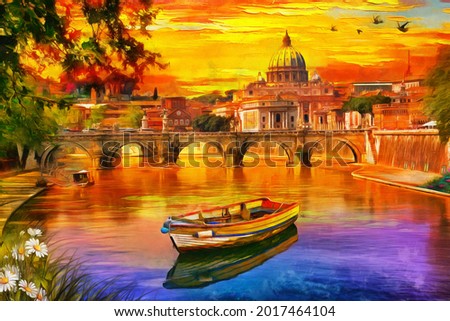 oil painting of Amazing view of St. Peter's cathedral and Tiber river in Rome, Italy. watercolor, oil on canvas, wallpaper, buildings, sunset, art, artwork. Basilica. boat