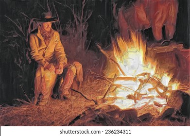 Oil Painting Of American Cowboy At Campfire