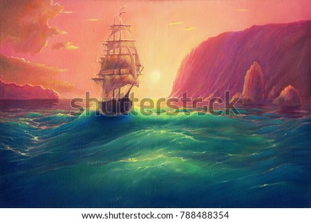 Oil painting art on canvas, sea landscape background, seascape with ship, vessel in ocean drawing, its art hand drawn by oil on canvas