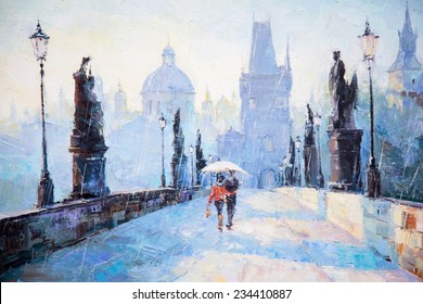 Oil Painting, Art, A Pair Of Lovers Under An Umbrella, The Rain, The Bridge, Go Away,