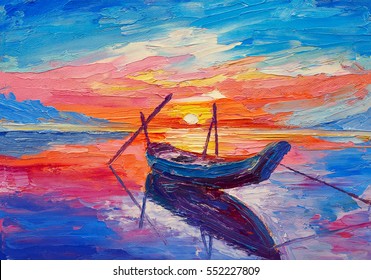 Oil painting, artwork on canvas. Fishing boats on sea  