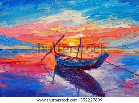 Oil painting, artwork on canvas. Fishing boats on sea  