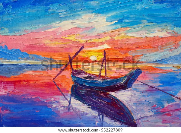 Oil\
painting, artwork on canvas. Fishing boats on sea \
