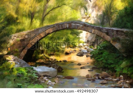 oil painting autumn river and stone bridge 