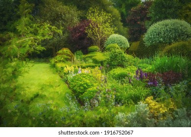 Oil painting of a beautiful English garden in flower in summer