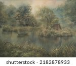 Oil painting beautiful landscape forest - Farmhouse near lake, Vintage Country house Cottage, boat, tree, summer Wood, Morning mist , meadows, Modern art, green