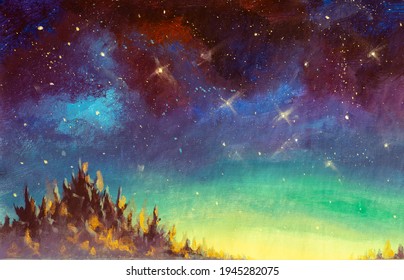 Oil Painting Beautiful Starry Sky Universe Space, Dawn Sunset Over Mountains Sea Water Artwork. Fantasy Art.