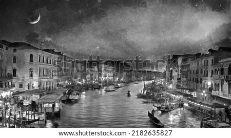Oil Painting black and white Amazing night view on the beautiful Venice, Ital. Collection of designer oil paintings. Decoration for the interior. Modern abstract canvas art. vintage