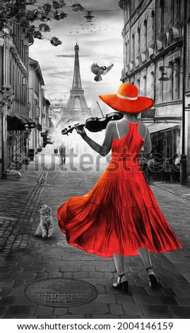 Oil Painting black and white. A girl playing the violin at sunset in Paris with the Eiffel Tower. Collection of designer oil paintings. Decoration for the interior. Modern abstract canvas art. vintage