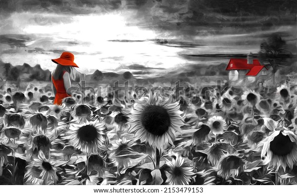 Oil Painting black and white. A girl in sunflower field. sunset. Collection of designer oil paintings. Decoration for the interior. Modern abstract canvas art. vintage. cottage. red