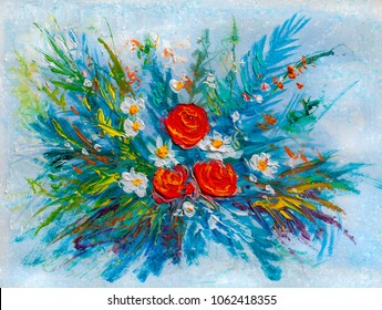 Oil Painting A Bouquet Of Flowers . Impressionist Style.