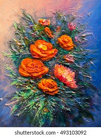 Oil Painting A Bouquet Of Flowers . Impressionist Style.