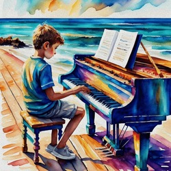 Oil Painting. Boy Playing Piano On A Wooden Jetty At Sea Beach.