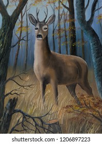 Oil painting - A brown deer stands in the high grass between trees