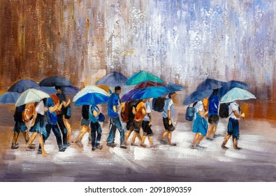 Oil Painting - Busy Crossroad On Rainy Day