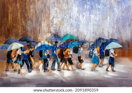 Oil Painting - Busy Crossroad On Rainy Day