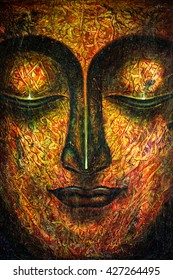 oil painting by hand of Buddha face with oil paint texture on canvas texture painting,meditation and art concept. 