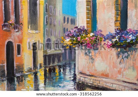 oil painting, canal in Venice, Italy, famous tourist place, colorful impressionism
