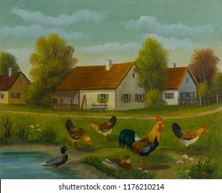 Oil Painting - Chickens And Ducks At A Pond In Front Of A Farm