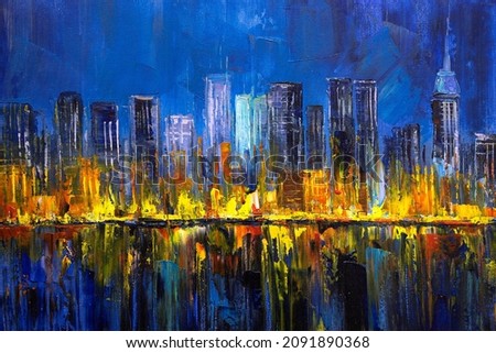 Oil Painting - City Skyline, Manhattan bay, New York
