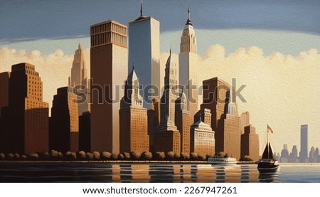 Oil Painting - City Skyline, Manhattan bay, New York