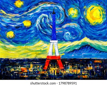 Oil Painting - City Skyline Of Paris With Abstract Starry Night Sky