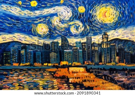 Oil Painting - City View of Singapore with Starry Night Sky