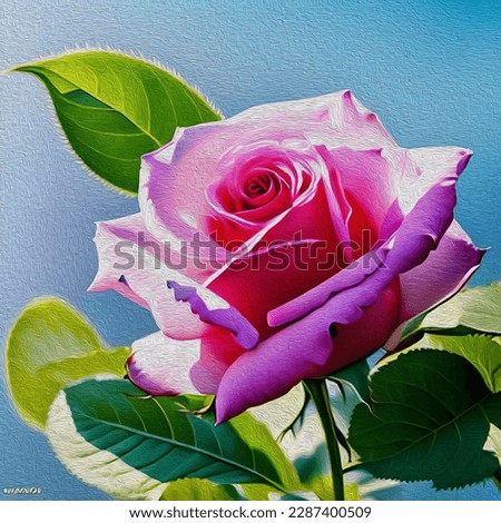 Oil painting of closeup pink rose. botanical painting with blooming roses, pink petals,stem,leaves, bright sunlight and abstract garden background for illustration.
