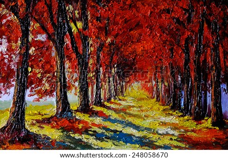 Oil painting - colorful autumn forest 