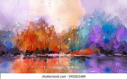 Oil Painting Colorful Autumn Season. Semi Abstract Image Of Forest, Trees With Yellow - Red Leaf And Lake With Oil Paint. Fall Season Nature Background. Hand Painted Impressionist, Outdoor Landscape