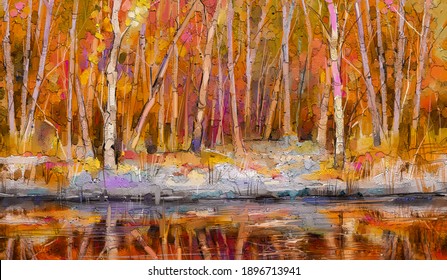 Oil painting colorful autumn trees. Semi abstract image of forest, aspen trees with yellow - red leaf and lake. Autumn, Fall season nature background. Hand Painted Impressionist, outdoor landscape