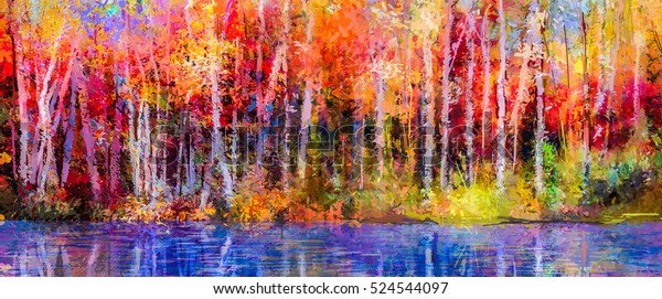 Oil painting colorful autumn trees. Semi abstract wall mural image of forest, aspen trees with yellow - red leaf and lake. Autumn, Fall season nature background. Hand Painted Impressionist, outdoor landscape.
