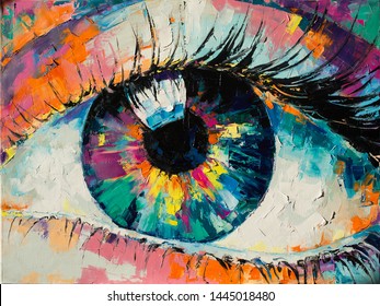  “Fluorite” - oil painting. Conceptual abstract picture of the eye. Oil painting in colorful colors. Conceptual abstract closeup of an oil painting and palette knife on canvas.