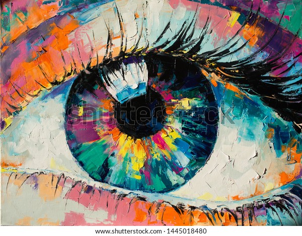 “Fluorite” - oil painting. Conceptual abstract wall mural eye. Oil painting in colorful colors. Conceptual abstract closeup of an oil painting and palette knife on canvas.