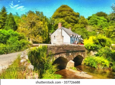 An oil painting of a cottage by a bridge over the river Lerryn in Cornwall