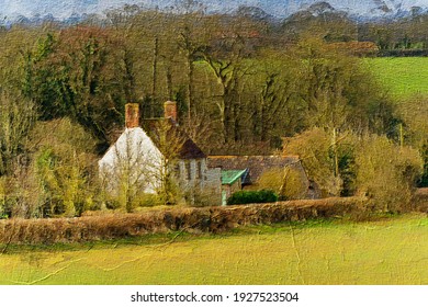 Oil painting of a cottage in the English countryside                               