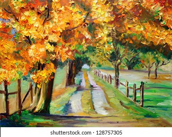 Oil Painting - Country Road with Maple