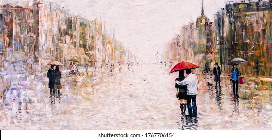 Oil Painting, Couple Under An Umbrella In The Rain, Romance