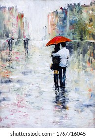 Oil Painting Couple Under Umbrella Rain Stock Illustration 1767716045 ...