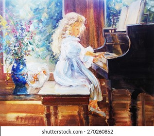 ピアノを弾く油絵のかわいい女の子 のイラスト素材 Shutterstock