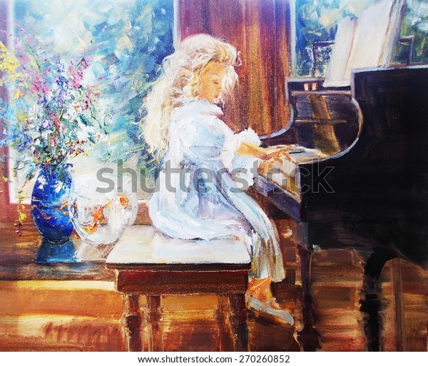 ピアノを弾く油絵のかわいい女の子 のイラスト素材 270260852