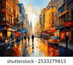 An oil painting depicting a European city street at dusk. The warm-toned buildings and pedestrians create a lively scene against the backdrop of a post-rain sky. The painting exudes a sense of tranqui