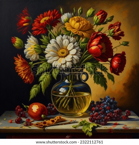 Oil painting depicting still life of flowers in flower pot.