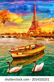 Oil Painting - Eiffel Tower and Jena bridge from the Seine river in Paris. Collection of designer oil paintings. Decoration for the interior. Modern abstract canvas art. Set of pictures. boat, Swan