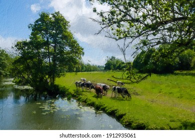 Oil painting of the English countryside in Summer with dairy cows eating in the shade of a tree