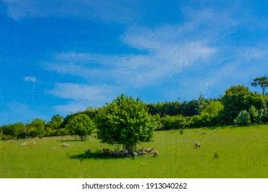 Oil painting of the English countryside in Summer with sheep resting in the shade of a tree