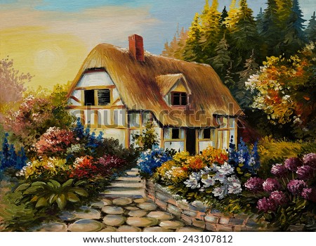 Oil painting of fairy house, art