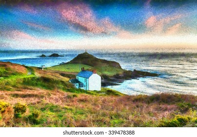 An oil painting of fisherman's cottages at Cape Cornwall on the Cornish coast