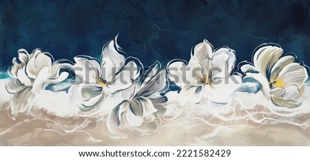 Oil painting with flower magnolia, leaves. Botanical print background on canvas -  floral triptych In Interior, art.  wallpaper