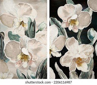 Oil Painting With Flower Orchid, Leaves. Botanic Print Background On Canvas -  Diptych In Interior, Art.  